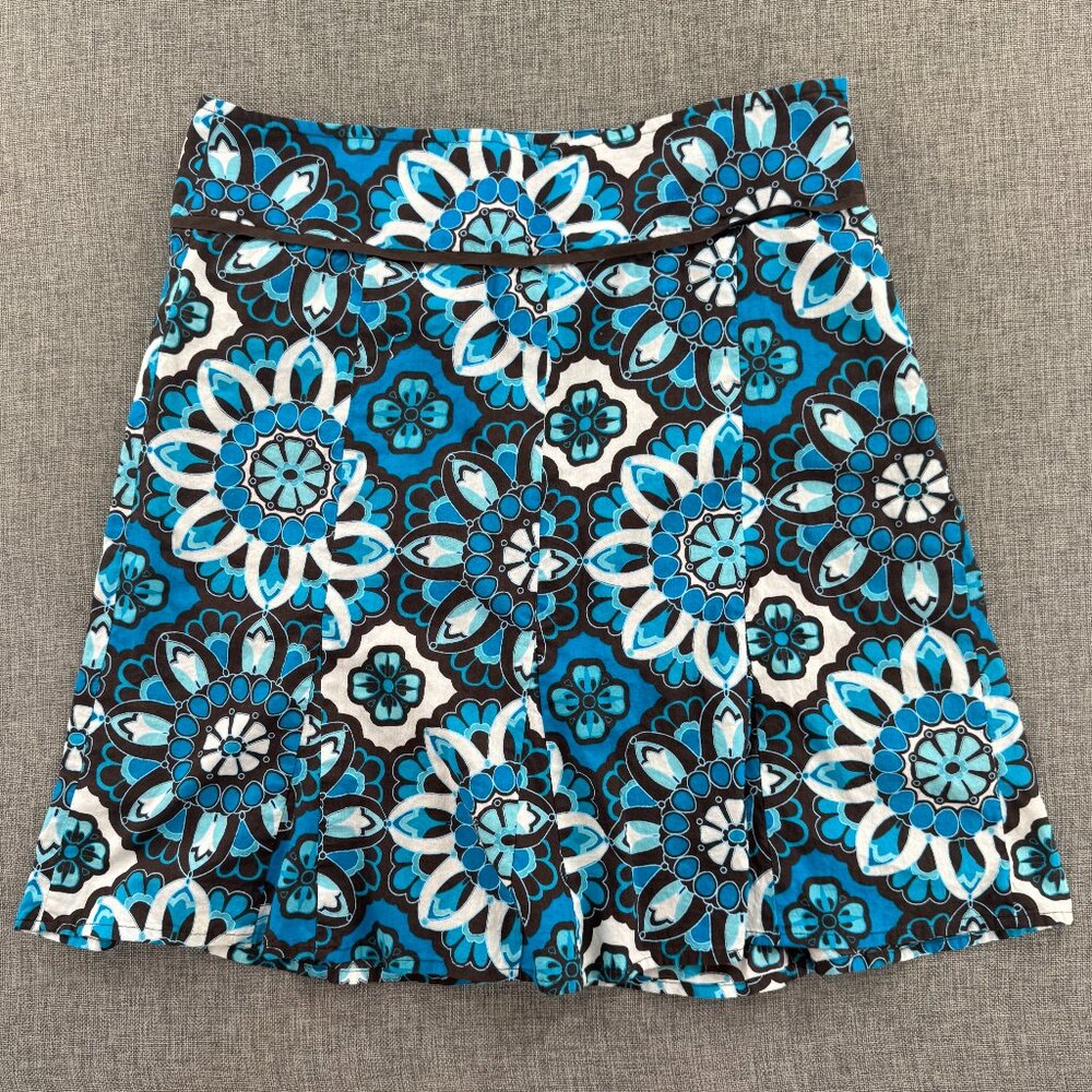 Ann Taylor Floral‎ Skirt 2 Petite Blue Black White Pleated Lined 100% Cotton